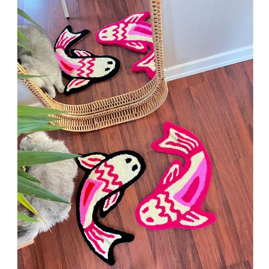 Handmade Pink Koi Fish Rug: Yin Yang Acrylic Accent Rug