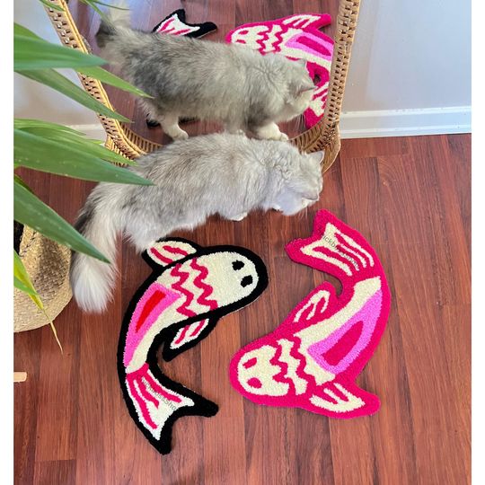 Handmade Pink Koi Fish Rug: Yin Yang Acrylic Accent Rug