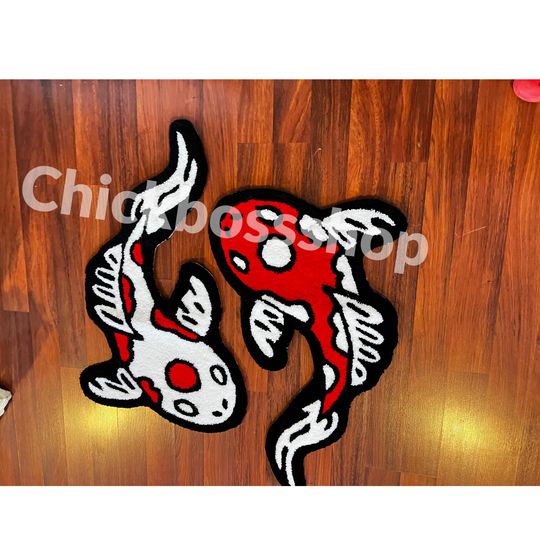 Red Koi Yin Yang Fish Rug | Custom Asian Tufted Rug | Fluffy & Soft Tufting