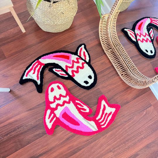 Handmade Pink Koi Fish Rug: Yin Yang Acrylic Accent Rug