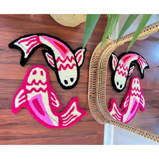 Handmade Pink Koi Fish Rug: Yin Yang Acrylic Accent Rug