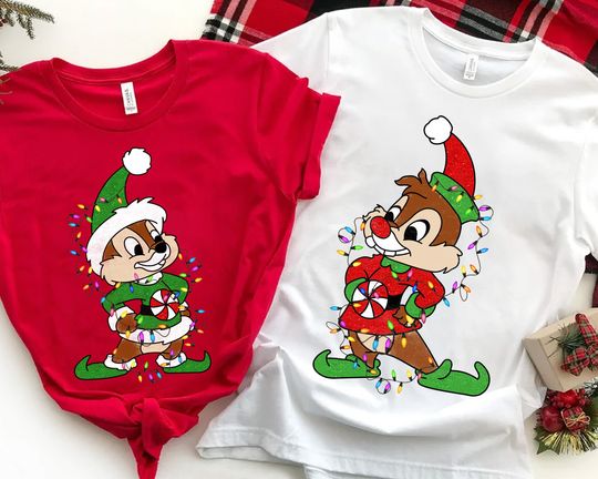 Disney Couples Chip n Dale Custom Santa Christmas Light T-Shirt