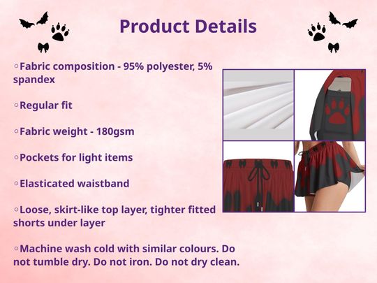Vamp Goth Skorts, Elasticated Waist, Pockets, Alternative Dark , Shorts Loose Overlay Red Black Drip Theme, Comfortable Fit