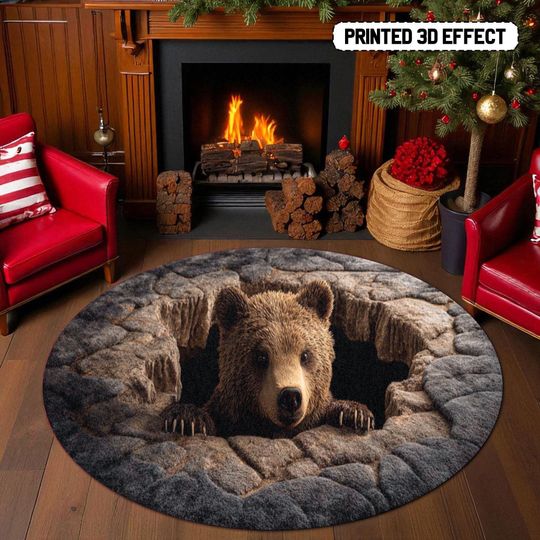 Bear Hole Illusion Rug, 3D Printed Bear Round Mat for Living Room