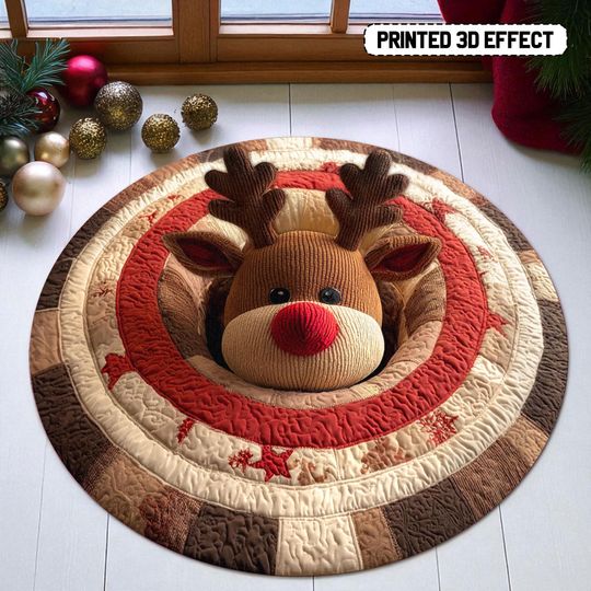 Christmas Reindeer Round Mat, Reindeer 3D Printed Holiday Rug