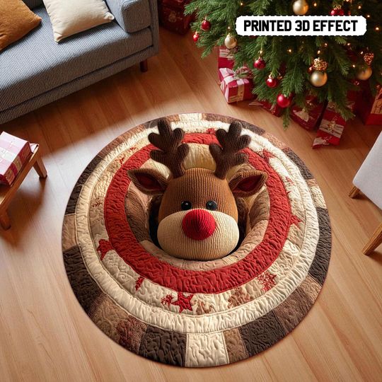 Christmas Reindeer Round Mat, Reindeer 3D Printed Holiday Rug