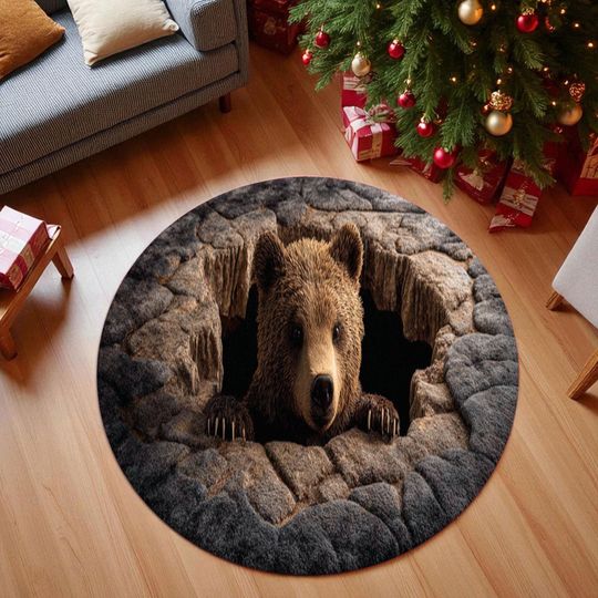 Bear Hole Illusion Rug, 3D Printed Bear Round Mat for Living Room