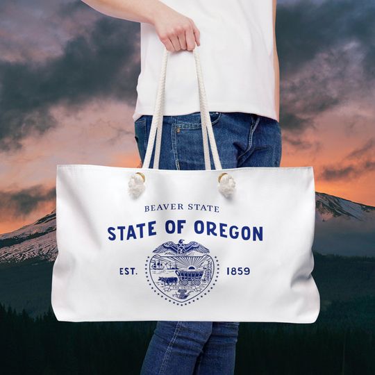 Oregon State Tote Bag Weekender with Illustrated Flag and Beaver Design