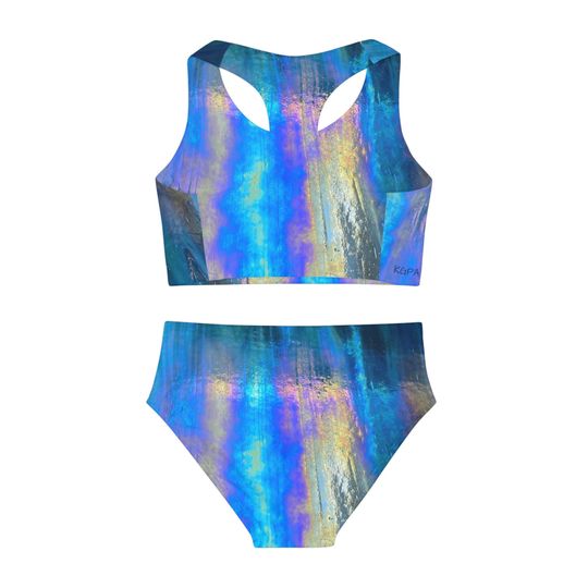 Girls Two Piece Swimsuit. Iridescent Blue.
