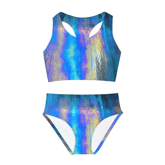 Girls Two Piece Swimsuit. Iridescent Blue.