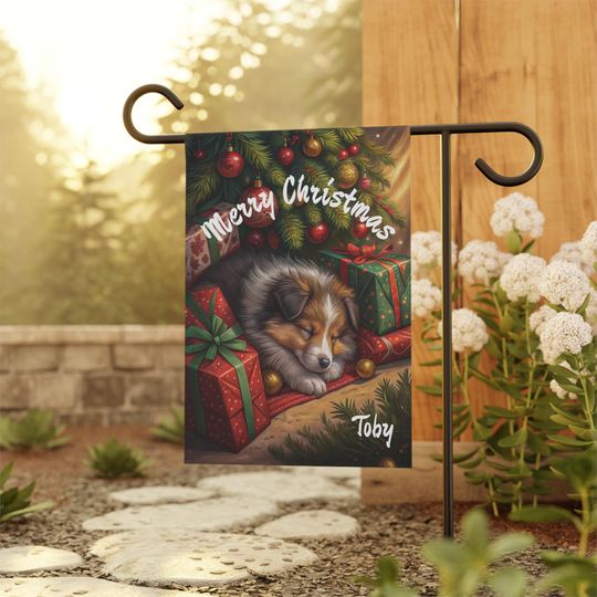 PERSONALIZED, Sheltie Christmas Garden Flag, Sheltie House Banner, Outdoor Christmas Decor, Winter Yard Sign, Dog Yard Flag