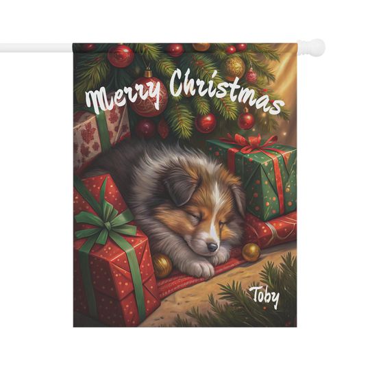 PERSONALIZED, Sheltie Christmas Garden Flag, Sheltie House Banner, Outdoor Christmas Decor, Winter Yard Sign, Dog Yard Flag