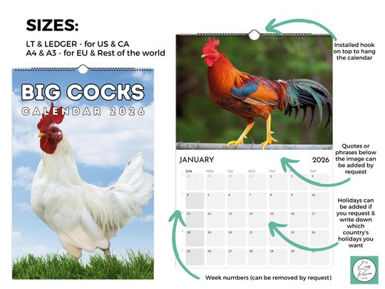 Roosters 2026 Wall Calendar, Funny Gag Gift