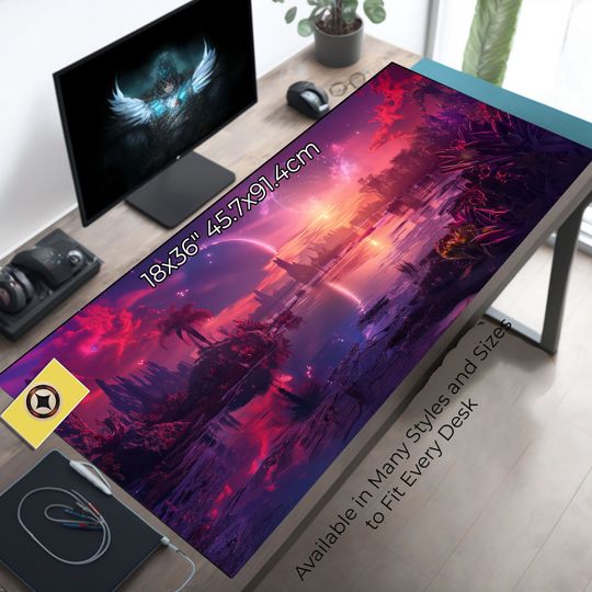 Neon Celestial Fantasy Swamp and Jungle Desk Mat, Gaming Mousepad