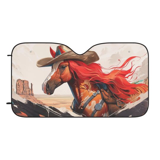 Car Sun Shade Featuring Anime Inspired Horse Wearing a Cowboy Hat