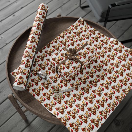 Christmas Corgi Wrapping Paper, Santa Hat Puppy Gift Wrap