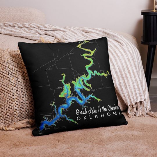 Grand Lake Pillow Cover / Oklahoma / Map / Linen Texture / Washable