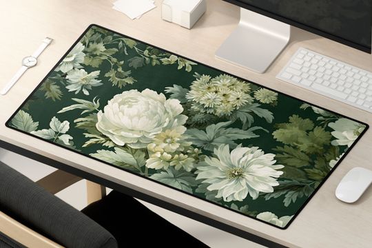 Cottagecore Floral Desk Mat | Elegant Green & White Rustic Botanical Decor