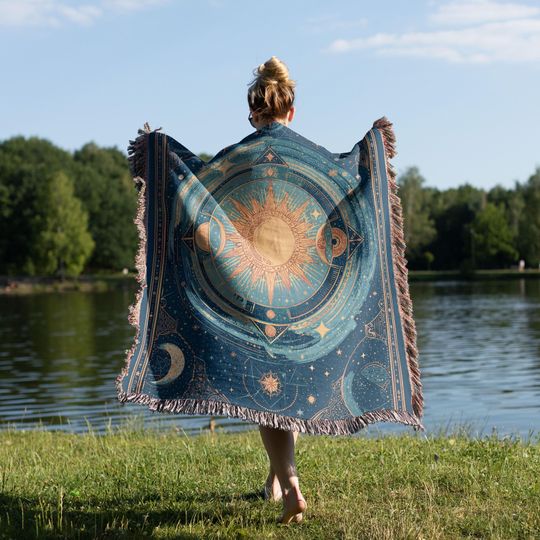Celestial Sun and Moon Woven Blanket, Zodiac Astrology Decor
