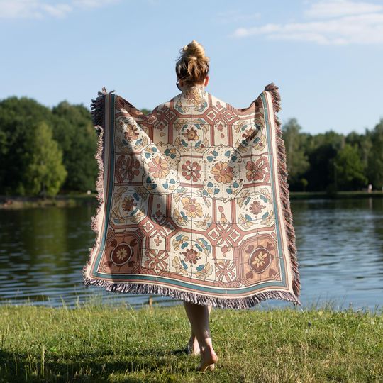 Vintage Floral Tile Print Woven Blanket, Mediterranean Boho Throw