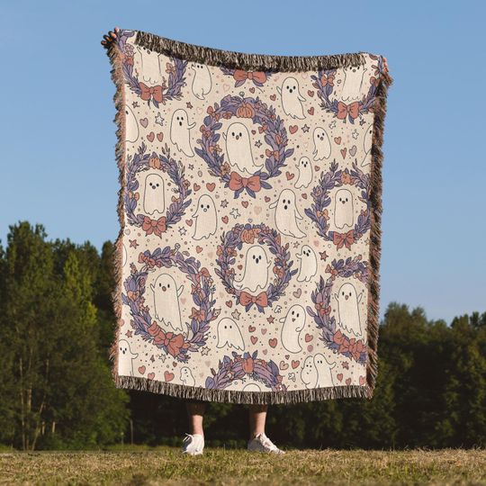Cute Ghost Woven Blanket, Pastel Halloween Throw, Spooky Cute Fall Decor, Kawaii Halloween Cozy Blanket