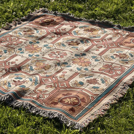 Vintage Floral Tile Print Woven Blanket, Mediterranean Boho Throw