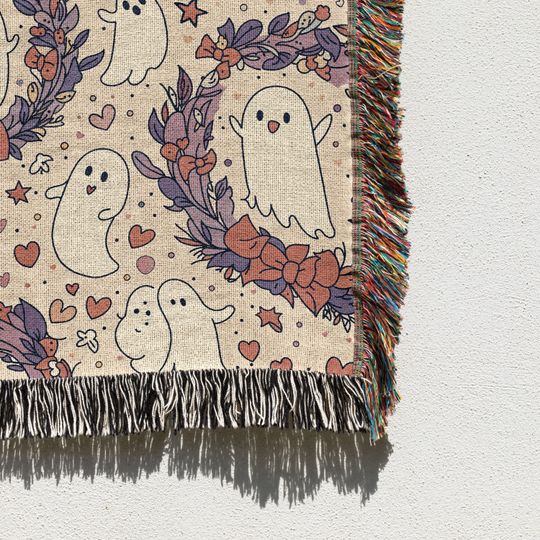 Cute Ghost Woven Blanket, Pastel Halloween Throw, Spooky Cute Fall Decor, Kawaii Halloween Cozy Blanket