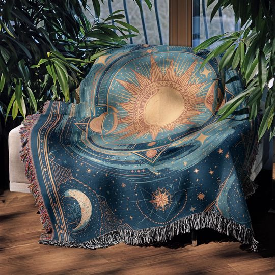 Celestial Sun and Moon Woven Blanket, Zodiac Astrology Decor