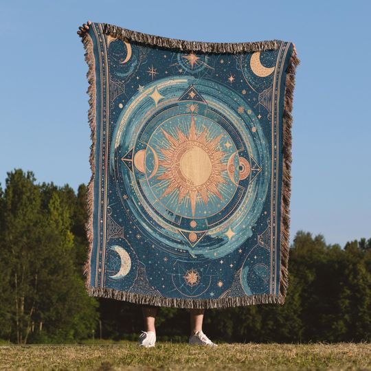 Celestial Sun and Moon Woven Blanket, Zodiac Astrology Decor