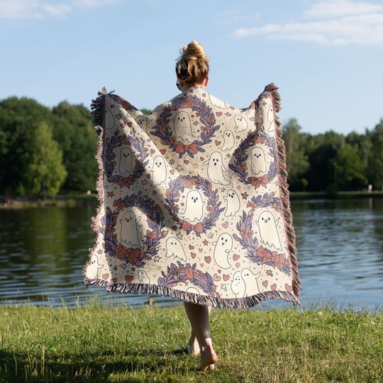 Cute Ghost Woven Blanket, Pastel Halloween Throw, Spooky Cute Fall Decor, Kawaii Halloween Cozy Blanket