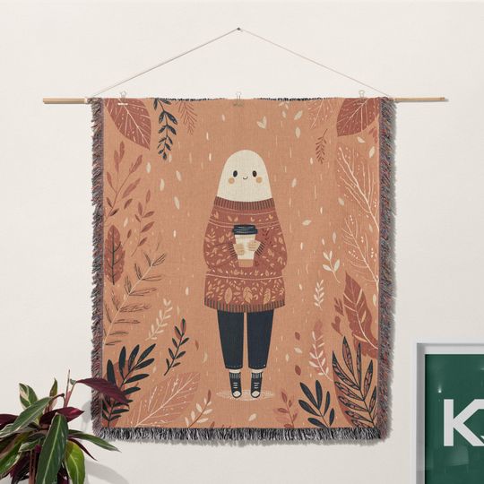 Cozy Fall Woven Blanket with Autumn Leaves Cottagecore