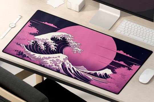 Kawaii Cute Desktop Mat with Japanese Wave Art Mouse Pad for Students and Gaming