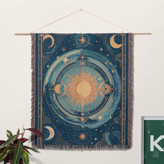 Celestial Sun and Moon Woven Blanket, Zodiac Astrology Decor