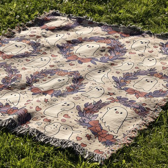 Cute Ghost Woven Blanket, Pastel Halloween Throw, Spooky Cute Fall Decor, Kawaii Halloween Cozy Blanket