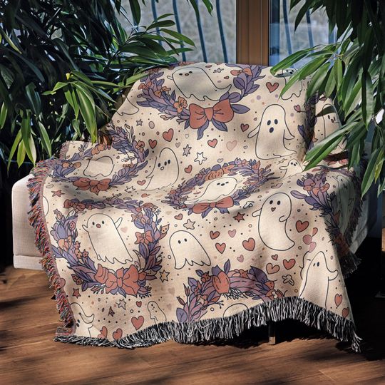 Cute Ghost Woven Blanket, Pastel Halloween Throw, Spooky Cute Fall Decor, Kawaii Halloween Cozy Blanket