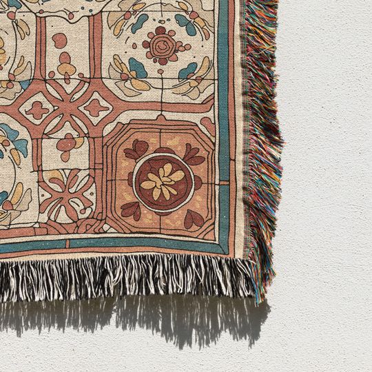 Vintage Floral Tile Print Woven Blanket, Mediterranean Boho Throw