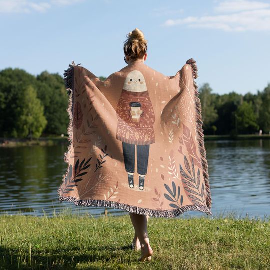 Cozy Fall Woven Blanket with Autumn Leaves Cottagecore