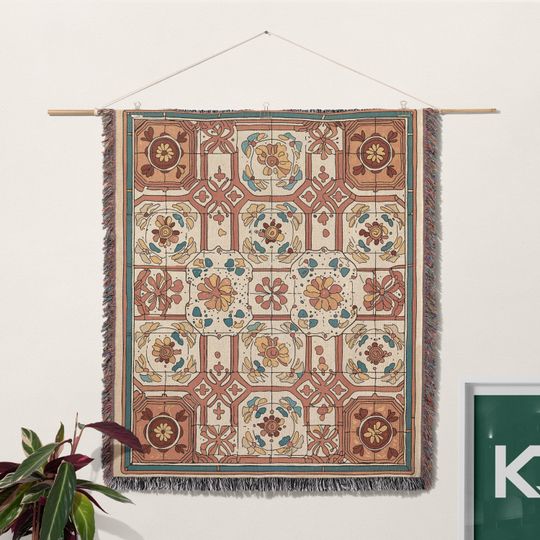 Vintage Floral Tile Print Woven Blanket, Mediterranean Boho Throw