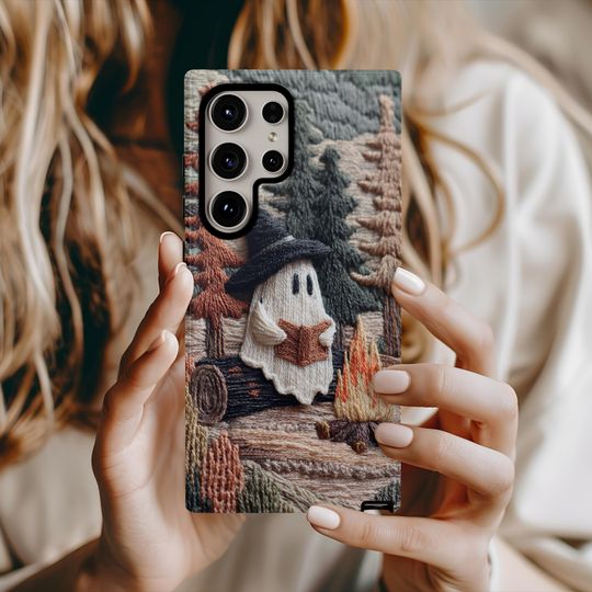 Cozy Witch Ghost Reader Campfire 3D Effect Fall Embroidered Cell Phone Case, Halloween Bookish iPhone Samsung Case, Book Lover, Trendy Cover