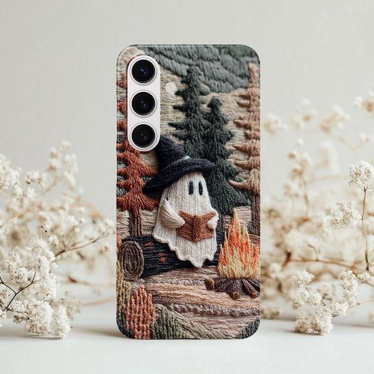 Cozy Witch Ghost Reader Campfire 3D Effect Fall Embroidered Cell Phone Case, Halloween Bookish iPhone Samsung Case, Book Lover, Trendy Cover