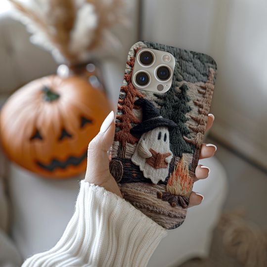 Cozy Witch Ghost Reader Campfire 3D Effect Fall Embroidered Cell Phone Case, Halloween Bookish iPhone Samsung Case, Book Lover, Trendy Cover