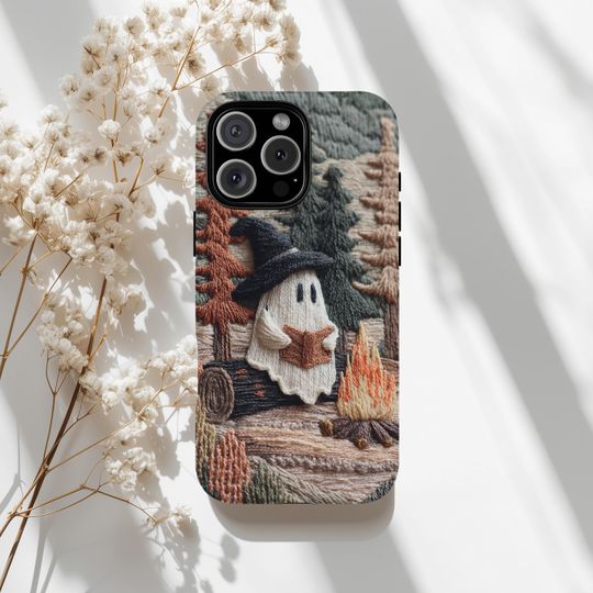 Cozy Witch Ghost Reader Campfire 3D Effect Fall Embroidered Cell Phone Case, Halloween Bookish iPhone Samsung Case, Book Lover, Trendy Cover