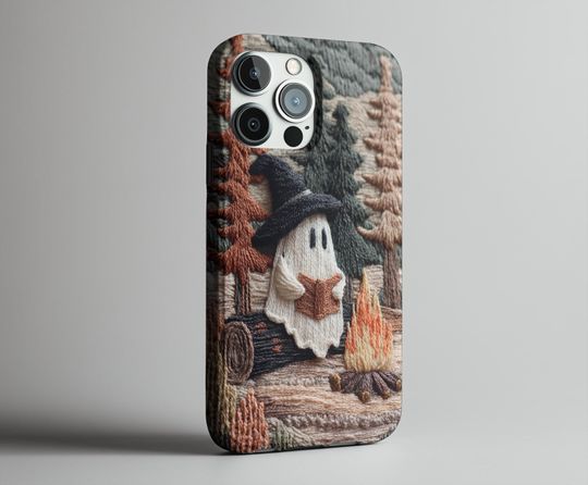 Cozy Witch Ghost Reader Campfire 3D Effect Fall Embroidered Cell Phone Case, Halloween Bookish iPhone Samsung Case, Book Lover, Trendy Cover
