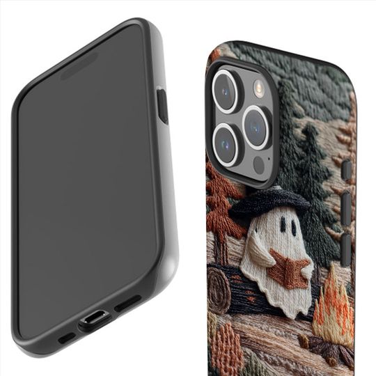 Cozy Witch Ghost Reader Campfire 3D Effect Fall Embroidered Cell Phone Case, Halloween Bookish iPhone Samsung Case, Book Lover, Trendy Cover