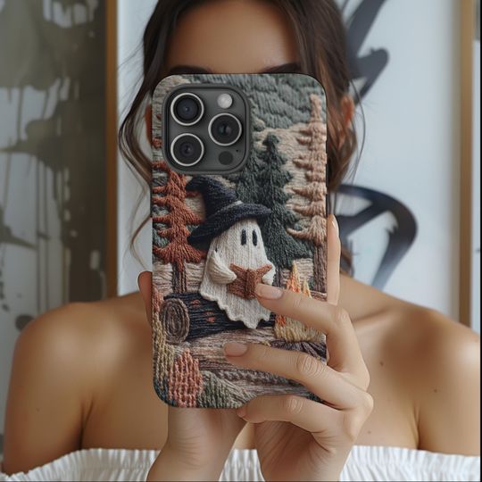 Cozy Witch Ghost Reader Campfire 3D Effect Fall Embroidered Cell Phone Case, Halloween Bookish iPhone Samsung Case, Book Lover, Trendy Cover