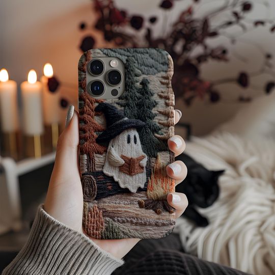 Cozy Witch Ghost Reader Campfire 3D Effect Fall Embroidered Cell Phone Case, Halloween Bookish iPhone Samsung Case, Book Lover, Trendy Cover