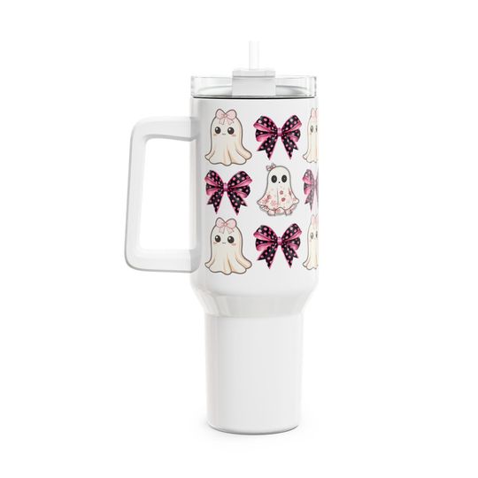 Coquette Ghost and Bows Halloween Girly Tumbler, 40oz - Cute Halloween Cup for Drinks, Large Tea Mug, Spooky Coffee Tumbler, Fancy Beverage