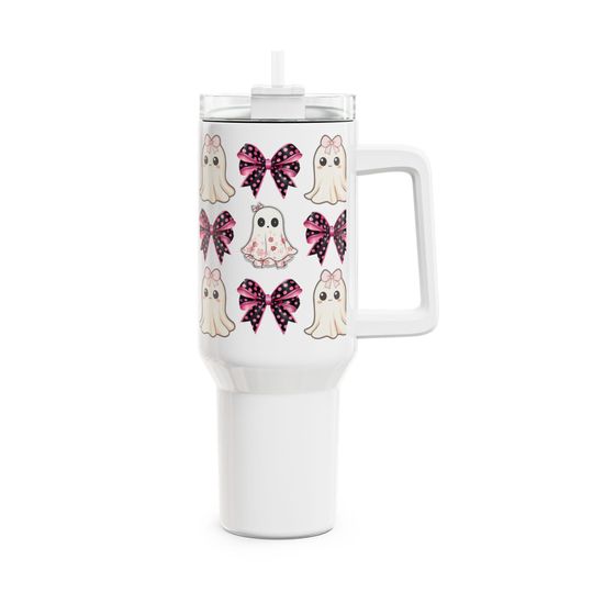Coquette Ghost and Bows Halloween Girly Tumbler, 40oz - Cute Halloween Cup for Drinks, Large Tea Mug, Spooky Coffee Tumbler, Fancy Beverage