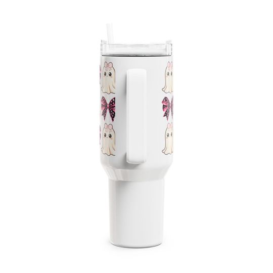 Coquette Ghost and Bows Halloween Girly Tumbler, 40oz - Cute Halloween Cup for Drinks, Large Tea Mug, Spooky Coffee Tumbler, Fancy Beverage