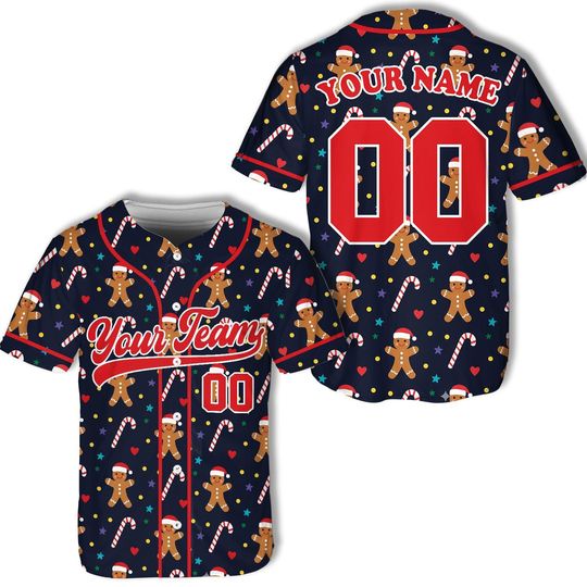 Personalized Christmas Baseball Jersey Adult Kid Youth, Custom Name Number Holiday Jersey, Xmas Gift Shirt Santa Snowman Gingerbread Shirt